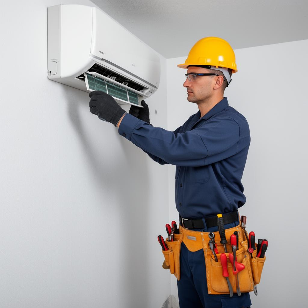 Técnico instalando ar condicionado